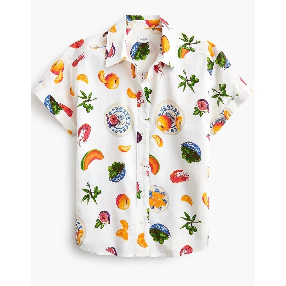 J.Crew Foods of Summer Linen Blend Fruit Print Short Sleeve Button Up CK745